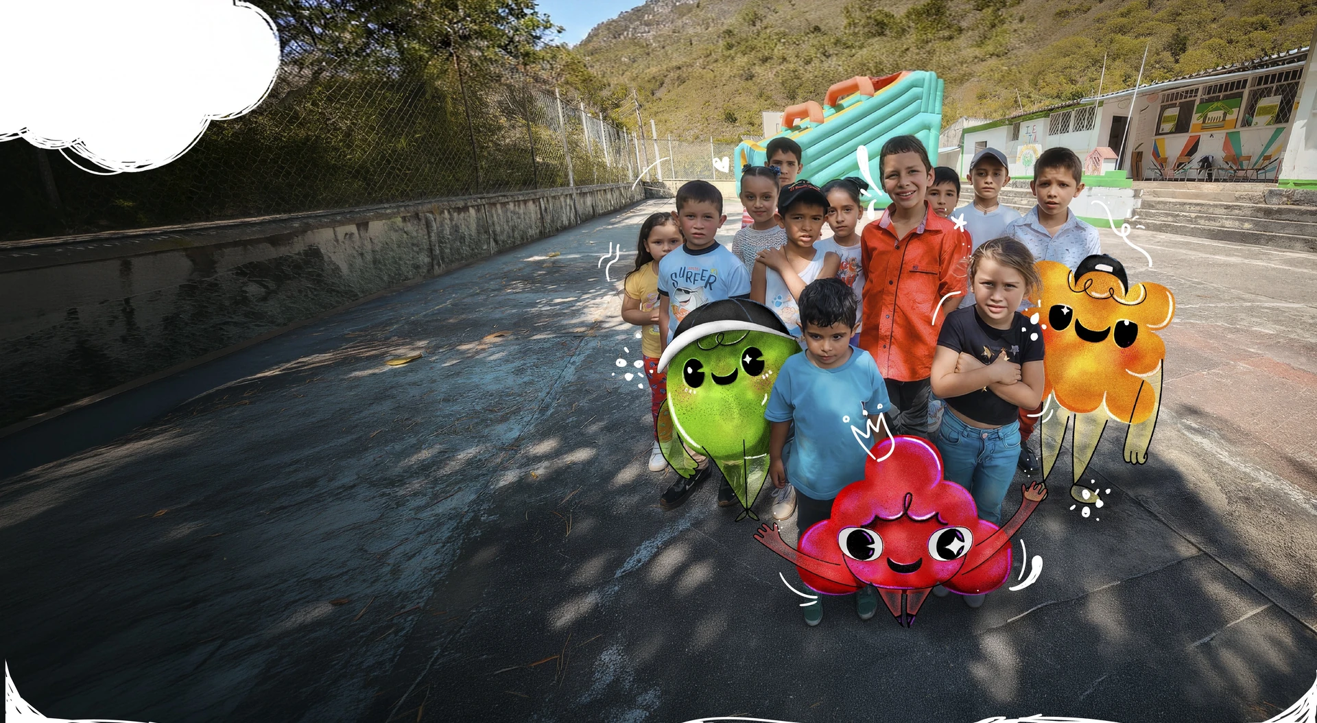 Niños de las veredas de Cáchira junto a las mascotas de la Fundación Punto 37