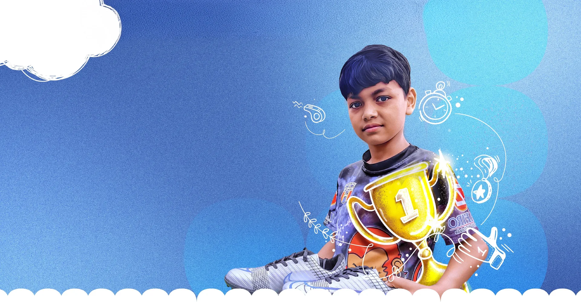 Niño con guayos y trofeo, rodeado de dibujos de balón, silbato y cronómetro