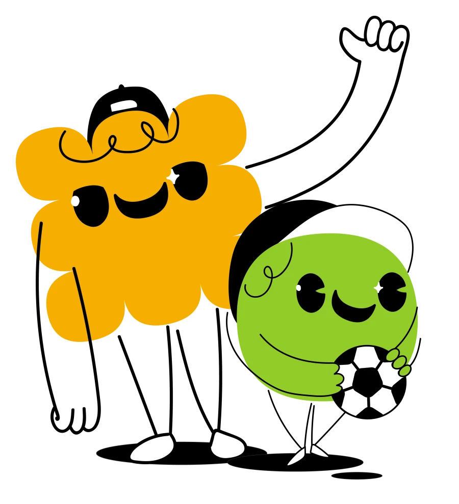Dos personajes ilustrados de la fundación, uno naranja y uno verde con un balón de fútbol